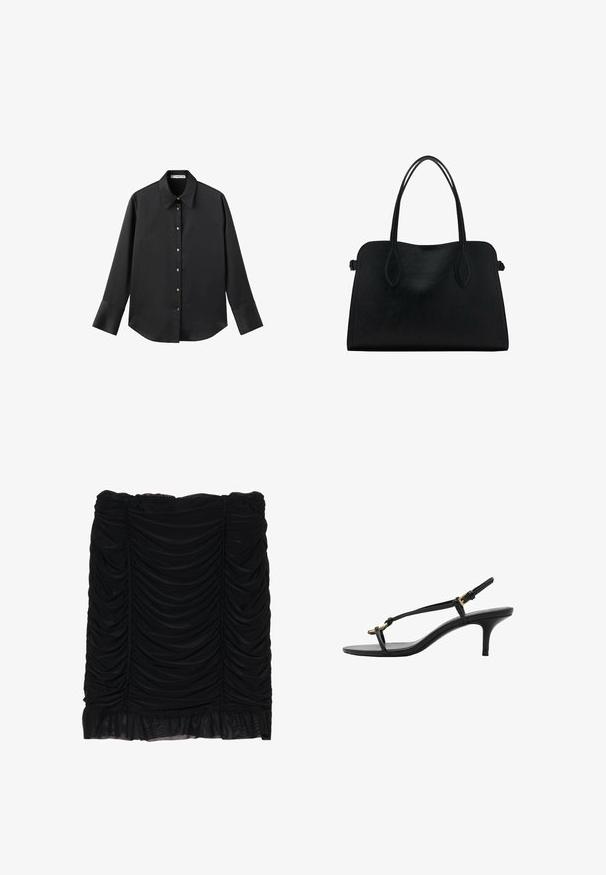 Černá dlouhá rukávová košile z hladkého materiálu, s klasickým límečkem, předním zapínáním na knoflíky ve zlatém tónu a širokými manžetami.; Černá minisukně se shromážděnou tkaninou, s nabíraným designem a volánkovým lemem. Vyrobena z měkkého materiálu s hladkou texturou.; Černé kožené sandály na kotníkovém podpatku s tenkými pásky, zlatou sponou a minimalistickým provlečením na prstech na bílém pozadí.; Černá kožená kabelka s dvojitými ramenními popruhy, obdélníkový tvar a minimalistický design na bílém pozadí.