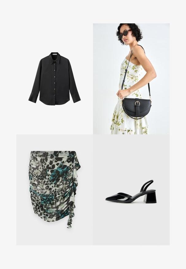 Czarna koszula z długim rękawem z gładkiego materiału, z klasycznym kołnierzykiem, zapięciem na guziki z przodu w złotym odcieniu oraz szerokimi mankietami.; Marszczona, lekka spódnica w odcieniach zieleni, czerni i szarości, z wzorem w panterę i falbanami po bokach.; Czarne lakierowane półbuty na obcasie z wydłużonym noskiem i geometrycznym słupkiem. Charakteryzują się eleganckim, minimalistycznym designem oraz gładką fakturą.; Czarna skórzana torebka o zakrzywionym kształcie, z odpinanym paskiem i złotymi akcentami. Torebka posiada klapę z zapięciem w kształcie klamry.
