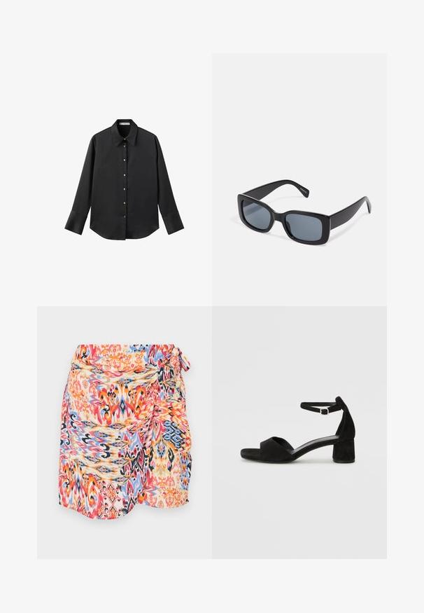 Crna košulja dugih rukava od glatkog materijala, s klasičnim ovratnikom, prednjim kopčanjem na dugmad u boji zlatne i širokim manžetnama.; Šarena, uzorčena suknja s omotom koja prikazuje zavojite uzorke u crvenoj, plavoj, narančastoj i žutoj boji, sa bočnom mašnom i mekanom, laganom tkaninom.; Crne zamšaste sandale s potpeticom s tankim remenom za gležanj, otvorenim nožnim prstima i umjerenom blok petom. Glatka tekstura i minimalni detalji.; Crne pravokutne sunčane naočale s tamno obojenim lećama, debelim plastičnim okvirom i širokim sljepočnicama. Glatka površina i kutni dizajn.; Crna kožna torba s dvostrukim naramenicama, pravokutnog oblika i minimalističkim dizajnom na bijeloj pozadini.
