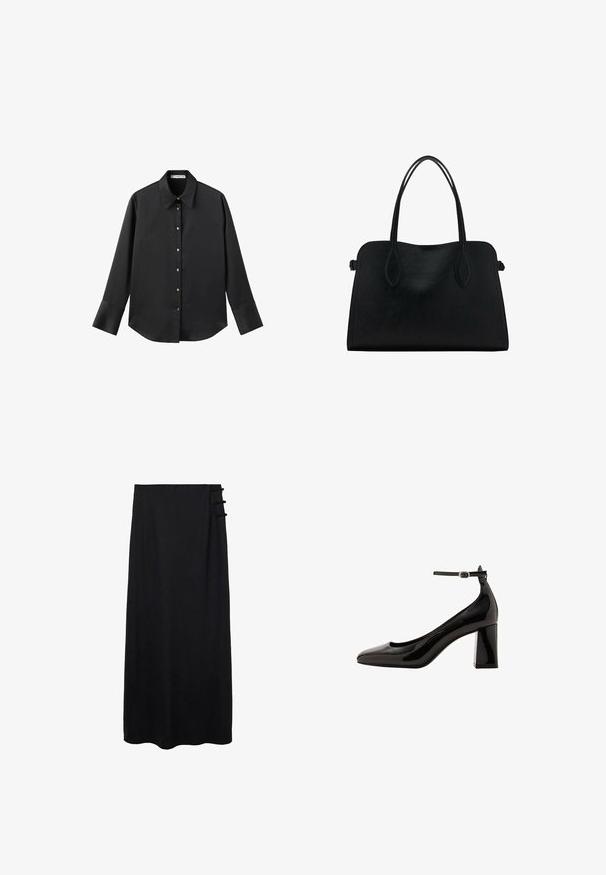 Černá dlouhá rukávová košile z hladkého materiálu, s klasickým límečkem, předním zapínáním na knoflíky ve zlatém tónu a širokými manžetami.; Černá maxi sukne s hladkou strukturou, se bočním zapínáním a třemi smyčkovými detaily pro zvýraznění. Délka až na podlahu.; Černé lakované lodičky s ankletovým páskem, lesklým povrchem, špičatou špičkou a silným blokovým podpatkem. Hladký povrch, minimální detaily.; Černá kožená kabelka s dvojitými ramenními popruhy, obdélníkový tvar a minimalistický design na bílém pozadí.