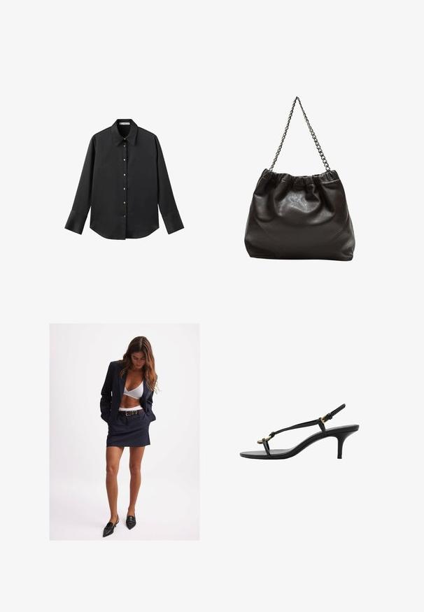 Svart långärmad skjorta i mjukt tyg, med klassisk krage, framknäppning med knappar i guldton och breda manschetter.; Marinblå blazerkostym med kjol, skräddarsydd passform och matchande bälte. Vit behå under. Svarta spetsiga ballerinas fulländar looken. Slät tygstruktur.; Svart lädersandal med kitten heel, tunna remmar, guldspänne och minimalistisk tåloop på en vit bakgrund.; Brun läderväska med rynkad topp och kedjesnodd. Slät textur med en blankslipad yta och subtila sömdetaljer på sidorna.