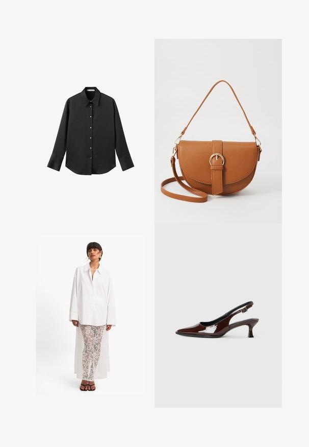 Črna majica z dolgimi rokavi iz gladkega materiala, z klasičnim ovratnikom, sprednjim zapiranjem na gumbe z zlatimi gumbi in širokimi manšetami.; Bela srajca z dolgimi rokavi, kombinirana z prosojnimi belimi čipkastimi hlačami z rožnatim vzorcem in dolgim zadnjim draperjem. Črne sandale.; Rjavi lakirani slingback čevelj z ostro konico in zmerno peto. Ima zaponko za varno prileganje. Gladka tekstura.; Rjava usnjena torbica prek telesa s ukrivljeno obliko, zlate opreme in sponko. Ima odstranljiv naramni trak.