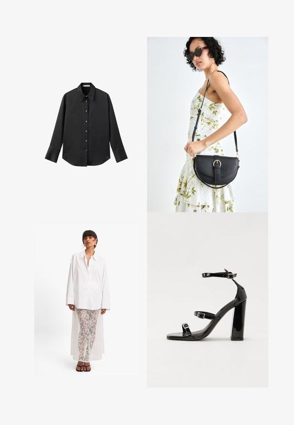 Maglietta nera a maniche lunghe in tessuto morbido, con colletto classico, chiusura frontale con bottoni dorati e polsini ampi.; Camicia bianca con bottoni e maniche lunghe, abbinata a pantaloni in pizzo bianco trasparente con un motivo floreale e una lunga drappeggiatura sul retro. Sandali neri.; Sandali con tacco in vernice nera, con punta squadrata, cinturini alla caviglia e fibbie in argento. Presentano un tacco a blocco spesso per maggiore stabilità.; Borsa a tracolla nera in pelle con una forma curva, manico rimovibile e accessori dorati. La borsa presenta una patta con un dettaglio a fibbia.
