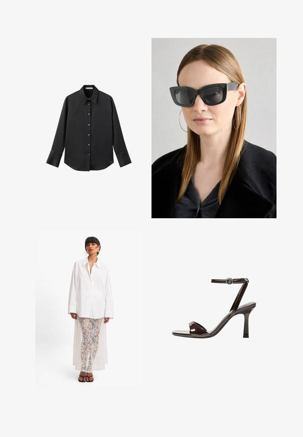 Schwarz langärmliges Hemd aus glattem Stoff, mit klassischem Kragen, frontaler Knopfleiste mit goldfarbenen Knöpfen und breiten Manschetten.; Weißes Hemd mit langen Ärmeln, kombiniert mit durchsichtigen weißen Spitzenhosen mit floralem Muster und einem langen Rückenteil. Schwarze Sandalen.; Braune Lackleder-High-Heelsandale mit einem Knöchelriemen, offener Zehenpartie und einem schlanken, minimalistischen Design. Verfügt über einen quadratischen Absatz.; Schwarze Katzenaugen-Sonnenbrille mit dunklen Gläsern, dicken Rahmen und subtilen Akzenten. Getragen mit einem schwarzen Mantel und einem grauen Oberteil, dazu lange, glatte Haare.