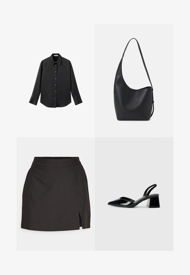 Maglietta nera a maniche lunghe in tessuto morbido, con colletto classico, chiusura frontale con bottoni dorati e polsini ampi.; Gonna nera realizzata in tessuto liscio, con un elasticizzato in vita, taglio dritto e uno spacco laterale per facilitare i movimenti.; Décolleté in vernice nera con punta affusolata e tacco in geometria cubica. Presentano un design elegante e minimalista, con una texture liscia.; Borsa hobo nera in pelle con una superficie liscia, forma curvata e una singola tracolla regolabile; presenta un'ampia apertura nella parte superiore.