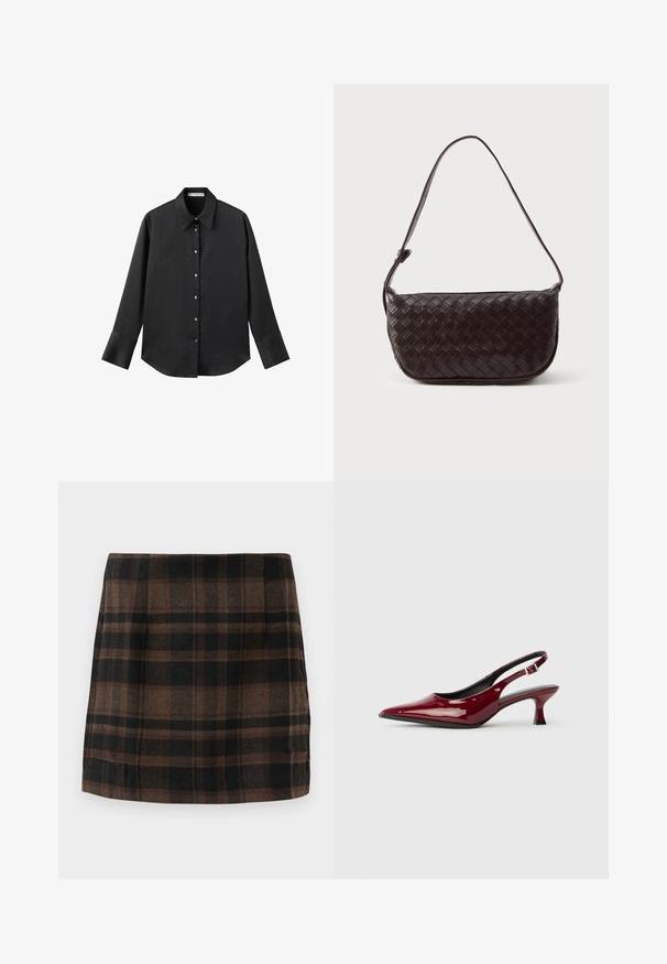 Chemise noire à manches longues en tissu lisse, dotée d'un col classique, d'une fermeture à boutons sur le devant avec des boutons dorés, et de larges poignets.; Jupe mini en tartan dans des tons marron, noir et beige, fabriquée à partir d'un tissu texturé, avec une coupe ajustée et des coutures latérales pour plus de structure.; Escarpins à talons aiguilles en cuir verni bordeaux, avec un bout pointu et un élégant talon stiletto. Design à dos ouvert avec une sangle à la cheville réglable.; Sac à épaule en cuir tissé marron foncé avec une forme courbée, une bandoulière réglable et une finition lisse. Design compact sans matériel visible.