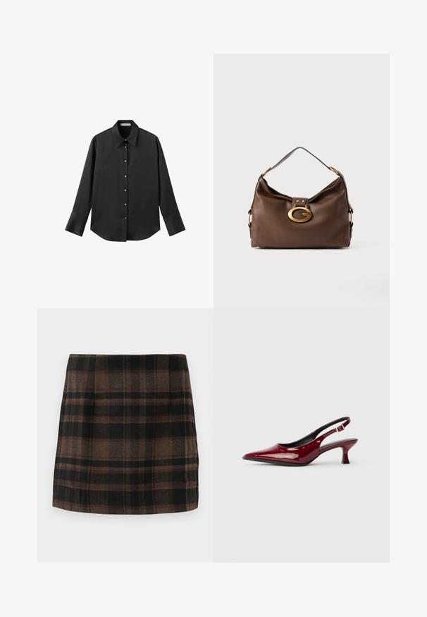 Schwarz langärmliges Hemd aus glattem Stoff, mit klassischem Kragen, frontaler Knopfleiste mit goldfarbenen Knöpfen und breiten Manschetten.; Karierte Minirock in Braun-, Schwarz- und Brauntönen, aus strukturiertem Stoff gefertigt, mit tailliertem Design und Seitennähten für Stabilität.; Burgunderfarbene Lackleder Slingback-Absätze mit spitzem Zehenbereich und schlankem Stiletto-Absatz. Offenes Rückendesign mit verstellbarem Knöchelriemen.; Braune Handtasche aus Leder mit strukturiertem Finish, ausgestattet mit einem goldfarbigen Verschluss und einem einzigen, geschwungenen Schulterriemen.