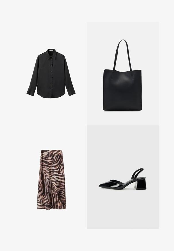 Black long-sleeve shirt in smooth fabric, featuring a classic collar, front button closure with gold-tone buttons, and wide cuffs.; Long skirt in a sheer, lightweight fabric featuring a black and brown zebra stripe pattern. Straight cut with an A-line silhouette.; Black patent leather slingback heels with a pointed toe and a geometric block heel. Features a sleek, minimal design and smooth texture.; Black leather tote bag with smooth texture, rectangular shape, and two long handles. No visible hardware or embellishments.