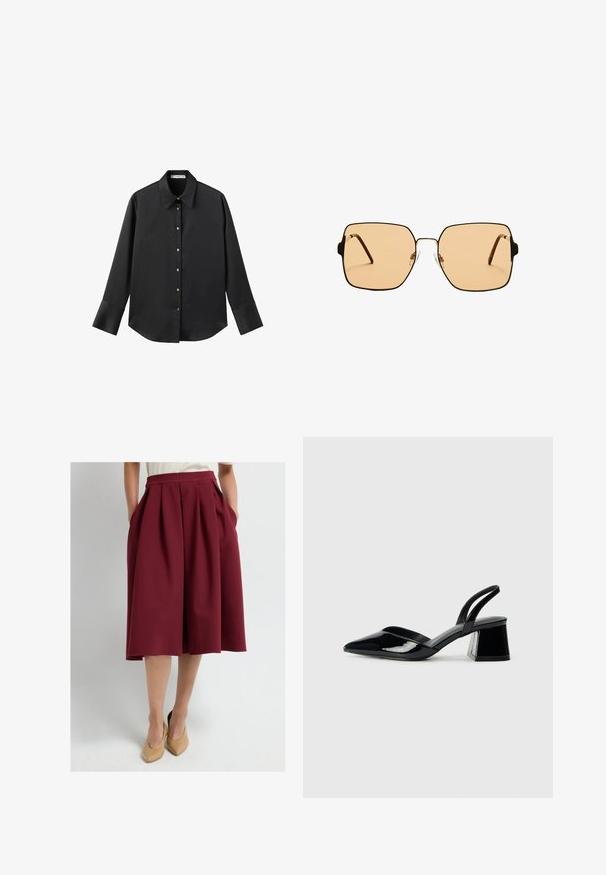 Zwarte lange mouwen shirt van gladde stof, met een klassieke kraag, een sluiting met knopen aan de voorkant met gouden knopen en brede manchetten.; Bordeauxkleurige geplooide rok met zijzakken, gemaakt van een gestructureerde stof, knielang, gedragen met naakte hoge hakken.; Zwarte gepatineerde leren slingback hakken met een spitse neus en een geometrische blokhak. Kenmerkt zich door een slank, minimalistisch ontwerp en een gladde textuur.; Vierkante zonnebril met bruine lenzen en een dun zwart metalen frame. Beschikt over schuine pootjes en verstelbare neuspads voor comfort.; Zwarte leren handtas met een gebogen vorm, afneembare schouderband en gouden hardware. De tas heeft een klep met een gespsluiting.