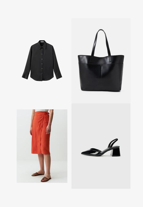 Zwarte lange mouwen shirt van gladde stof, met een klassieke kraag, een sluiting met knopen aan de voorkant met gouden knopen en brede manchetten.; Jimmy Key NORMAL WAIST SLIT - A-lijn rok - orange; Zwarte gepatineerde leren slingback hakken met een spitse neus en een geometrische blokhak. Kenmerkt zich door een slank, minimalistisch ontwerp en een gladde textuur.; Zwarte leren tote bag met twee lange handvatten, een zachte textuur en een gestructureerde vorm. Voorzien van een voorvak voor extra opslagruimte.