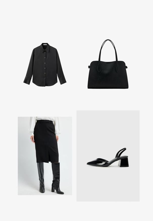 Schwarz langärmliges Hemd aus glattem Stoff, mit klassischem Kragen, frontaler Knopfleiste mit goldfarbenen Knöpfen und breiten Manschetten.; Schwarzer Bleistiftrock mit taillierter Passform, zentralem Schlitz und Gürtelschlaufen, kombiniert mit hohen, glänzenden Stiefeln im Krokodilmuster.; Schwarze Lackleder-Slingback-High Heels mit spitzem Schuh und einem geometrischen Blockabsatz. Verfügt über ein schlankes, minimalistisches Design und eine glatte Textur.; Schwarze Lederhandtasche mit zwei Schulterriemen, rechteckiger Form und minimalistischem Design auf weißem Hintergrund.