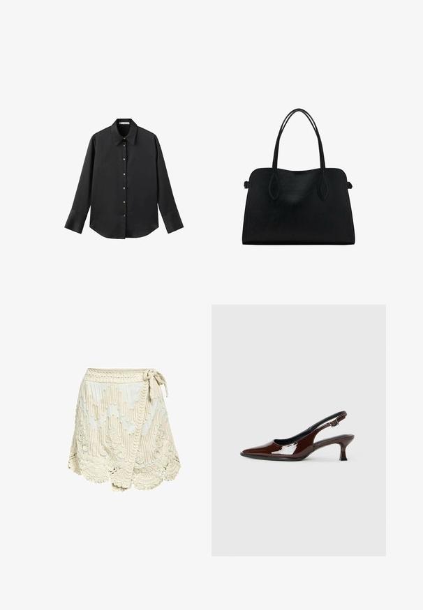 Schwarz langärmliges Hemd aus glattem Stoff, mit klassischem Kragen, frontaler Knopfleiste mit goldfarbenen Knöpfen und breiten Manschetten.; Cremfarbene Wickelröcke mit strukturierten Stickereien, ausgestattet mit gewelltem Saum und Bindegurt an der Taille. Hergestellt aus leichtem Stoff mit ausgeklügelten Mustern.; Braune Lackleder-Slingback-Schuhe mit spitzer Zehe und moderatem Absatz. Mit einem Schnallenriemen für einen sicheren Sitz. Glatte Textur.; Schwarze Lederhandtasche mit zwei Schulterriemen, rechteckiger Form und minimalistischem Design auf weißem Hintergrund.