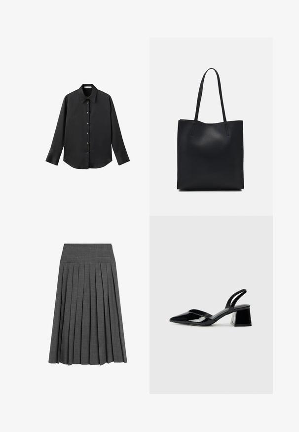 Chemise noire à manches longues en tissu lisse, dotée d'un col classique, d'une fermeture à boutons sur le devant avec des boutons dorés, et de larges poignets.; Jupe plissée grise avec une taille plate et un motif texturé subtil. Présente des plis nets, régulièrement espacés, pour un aspect structuré.; Escarpins en cuir verni noir avec bout pointu et talon bloc géométrique. Présente un design élégant et minimaliste ainsi qu'une texture lisse.; Sac fourre-tout en cuir noir avec une texture lisse, de forme rectangulaire et deux longues poignées. Pas de matériel ou d'ornementations visibles.