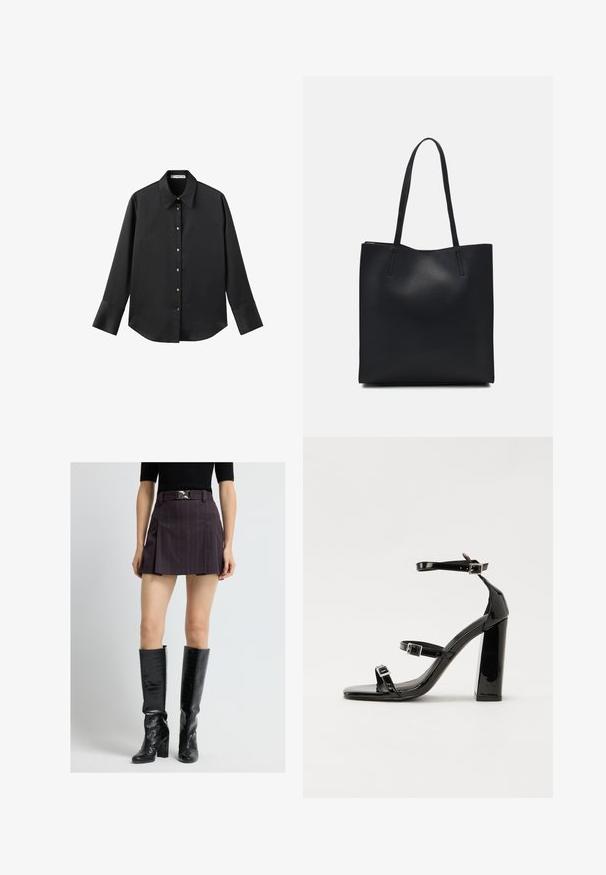 Chemise noire à manches longues en tissu lisse, dotée d'un col classique, d'une fermeture à boutons sur le devant avec des boutons dorés, et de larges poignets.; Jupe mini à rayures violettes avec une boucle en argent à la taille, associée à des bottes noires montantes à talons texturées.; Sandales à talons hauts en cuir verni noir avec deux brides à boucles, bout carré et talon bloc épais, présentant une texture lisse et brillante.; Sac fourre-tout en cuir noir avec une texture lisse, de forme rectangulaire et deux longues poignées. Pas de matériel ou d'ornementations visibles.