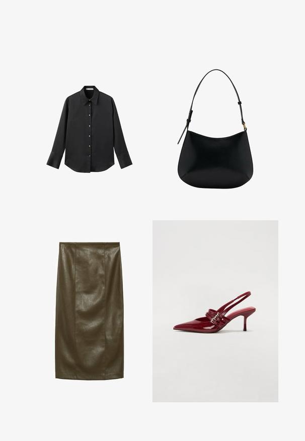 Černá dlouhá rukávová košile z hladkého materiálu, s klasickým límečkem, předním zapínáním na knoflíky ve zlatém tónu a širokými manžetami.; Sukně v olivově zelené barvě z umělé kůže s hladkým povrchem, délka po kolena, s vertikálními švy pro přizpůsobený vzhled.; Červené lakované kožené lodičky na podpatku s špičatou špičkou, dvěma přezkami a štíhlým, středně vysokým jehlovým podpatkem. Hladký povrch.; Černá kožená taška přes rameno s hladkým povrchem, zakřiveným tvarem a nastavitelným uchem. Má minimální prošívání a jednoduchý design.