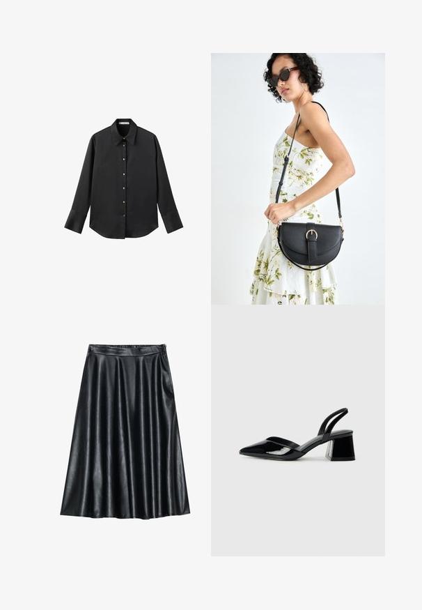 Schwarz langärmliges Hemd aus glattem Stoff, mit klassischem Kragen, frontaler Knopfleiste mit goldfarbenen Knöpfen und breiten Manschetten.; Schwarzer Kunstleder-A-Linie-Rock mit glatter, glänzender Textur, der ein gefälteltes Design und einen elastischen Bund für zusätzlichen Komfort bietet.; Schwarze Lackleder-Slingback-High Heels mit spitzem Schuh und einem geometrischen Blockabsatz. Verfügt über ein schlankes, minimalistisches Design und eine glatte Textur.; Schwarze Lederhandtasche mit geschwungener Form, abnehmbarem Tragegurt und goldenen Beschlägen. Die Tasche verfügt über einen Deckel mit einer Schnallen-Details.