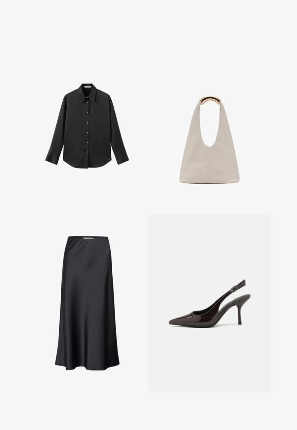 Črna majica z dolgimi rokavi iz gladkega materiala, z klasičnim ovratnikom, sprednjim zapiranjem na gumbe z zlatimi gumbi in širokimi manšetami.; Črna midi krila iz gladkega blaga, s tekočo silhueto in subtilnim sijajem. Ima preprost, enobarven dizajn.; Slingback visoke pete v sijajni temno rjavi lak koži, koničastim nosom, odprtimi stranmi in nastavljivim gležnjenčkim trakom.; Svetlo siva usnjena torba z U-oblika zasnovo in ukrivljenim kovinskim ročajem. Gladka tekstura z minimalnim šivom in brez vidnih vzorcev.