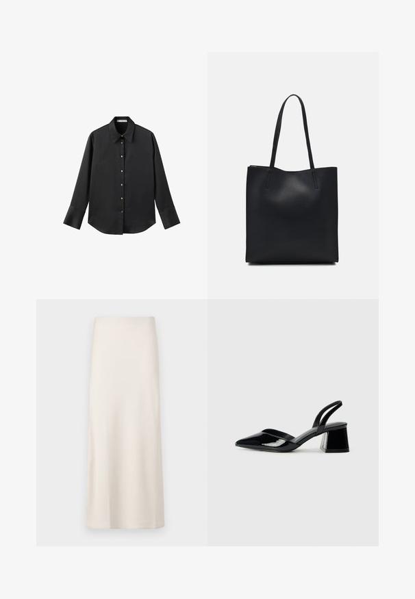 Black long-sleeve shirt in smooth fabric, featuring a classic collar, front button closure with gold-tone buttons, and wide cuffs.; Cream-colored, midi-length skirt with a smooth, satin-like texture and a straight fit. No visible patterns or embellishments.; Black patent leather slingback heels with a pointed toe and a geometric block heel. Features a sleek, minimal design and smooth texture.; Black leather tote bag with smooth texture, rectangular shape, and two long handles. No visible hardware or embellishments.