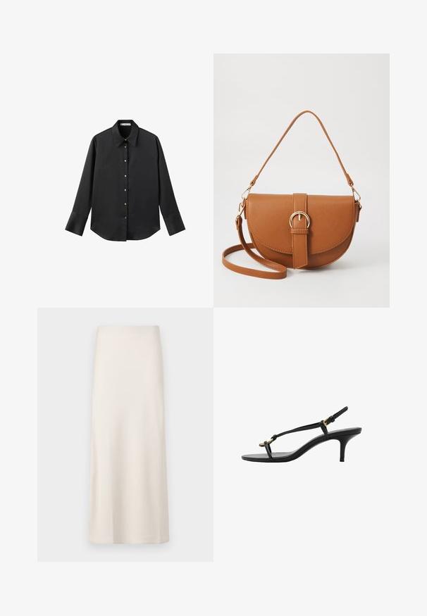 Svart långärmad skjorta i mjukt tyg, med klassisk krage, framknäppning med knappar i guldton och breda manschetter.; Krämfärgad, midi-lång kjol med en slät, satinliknande textur och rak passform. Inga synliga mönster eller utsmyckningar.; Svart lädersandal med kitten heel, tunna remmar, guldspänne och minimalistisk tåloop på en vit bakgrund.; Brun läder crossbody-väska med en böjd form, gyllene detaljer och en spänneaccent. Har en avtagbar axelrem.