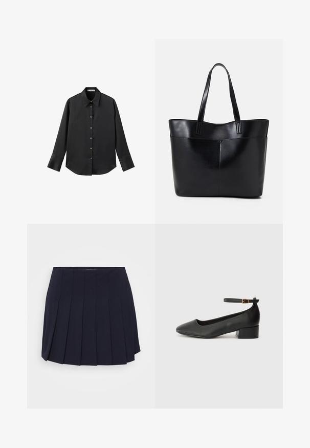 Black long-sleeve shirt in smooth fabric, featuring a classic collar, front button closure with gold-tone buttons, and wide cuffs.; Navy pleated skirt made from smooth fabric. Features a waistband and distinct vertical pleats, offering a structured silhouette.; Black leather pump with a pointed toe and a low block heel. Features an ankle strap with a gold-tone buckle. Smooth texture.; Black leather tote bag with two long handles, a smooth texture, and a structured shape. Features a front pocket for additional storage.