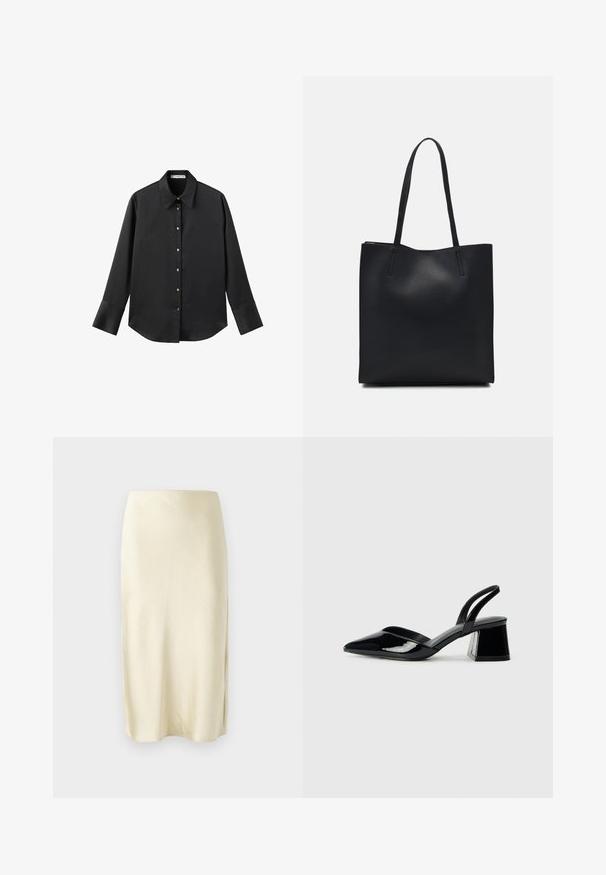 Black long-sleeve shirt in smooth fabric, featuring a classic collar, front button closure with gold-tone buttons, and wide cuffs.; Satin midi skirt in pale yellow with a smooth texture, featuring a side slit and a straight cut design. Simple and elegant silhouette.; Black patent leather slingback heels with a pointed toe and a geometric block heel. Features a sleek, minimal design and smooth texture.; Black leather tote bag with smooth texture, rectangular shape, and two long handles. No visible hardware or embellishments.