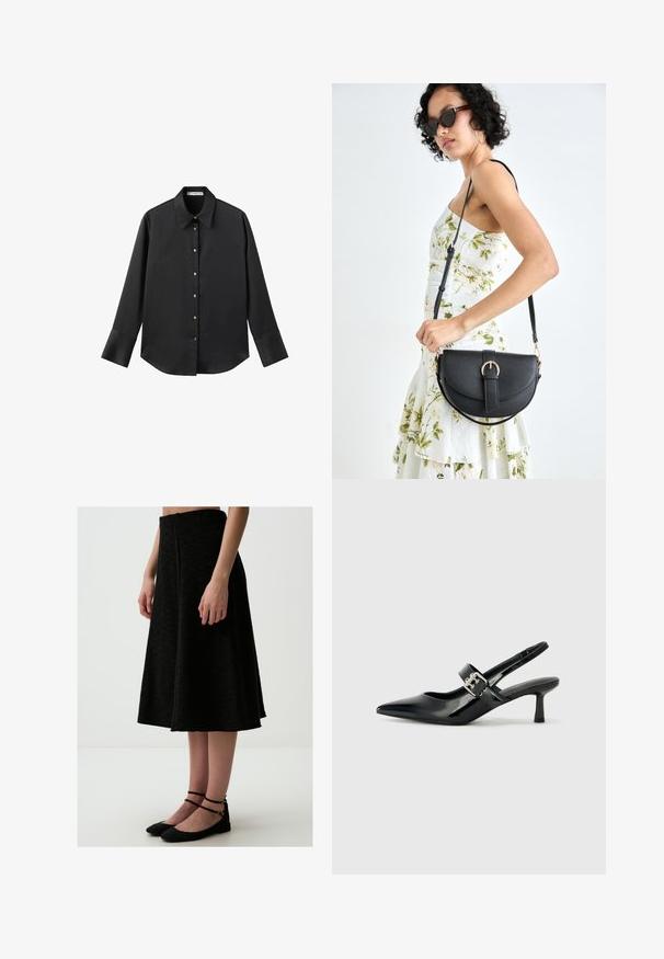 Czarna koszula z długim rękawem z gładkiego materiału, z klasycznym kołnierzykiem, zapięciem na guziki z przodu w złotym odcieniu oraz szerokimi mankietami.; Czarna spódnica w kształcie litery A, wykonana z teksturowanej tkaniny, o średniej długości i czystym pasku w talii, zestawiona z czarnymi płaskimi butami na kostkę.; Czarne lakierowane szpilki slingback z wąskim noskiem i małym słupkiem, z ozdobnym srebrnym klamrą na pasku.; Czarna skórzana torebka o zakrzywionym kształcie, z odpinanym paskiem i złotymi akcentami. Torebka posiada klapę z zapięciem w kształcie klamry.