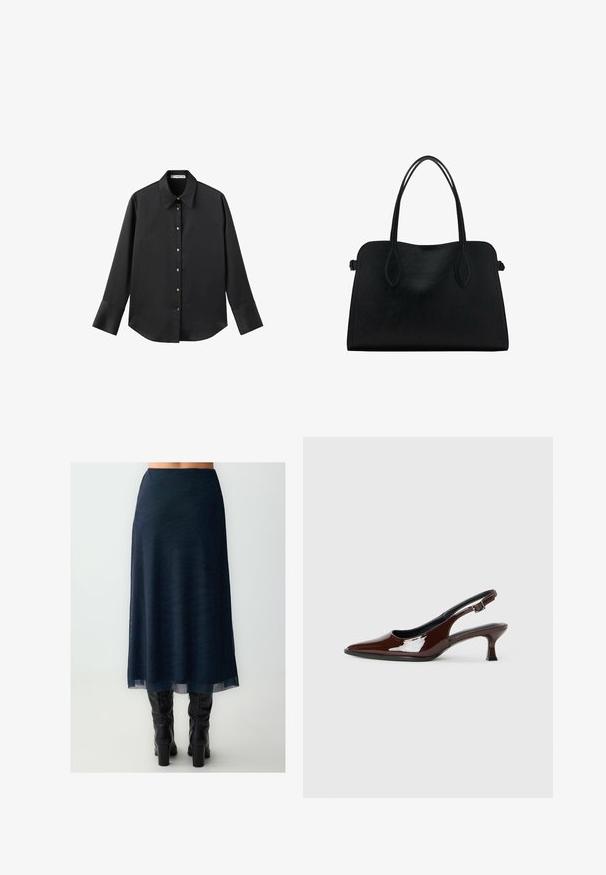 Chemise noire à manches longues en tissu lisse, dotée d'un col classique, d'une fermeture à boutons sur le devant avec des boutons dorés, et de larges poignets.; Une jupe bleu foncé en tissu transparent et texturé avec un motif zèbre subtil, tombant mi-mollet, assortie à des bottes noires montantes.; Chaussure slingback en cuir verni marron avec un bout pointu et un talon modéré. Elle est dotée d'une sangle à boucle pour un ajustement sécuritaire. Texture lisse.; Sac à main en cuir noir avec deux anses, de forme rectangulaire et au design minimaliste sur un fond blanc.