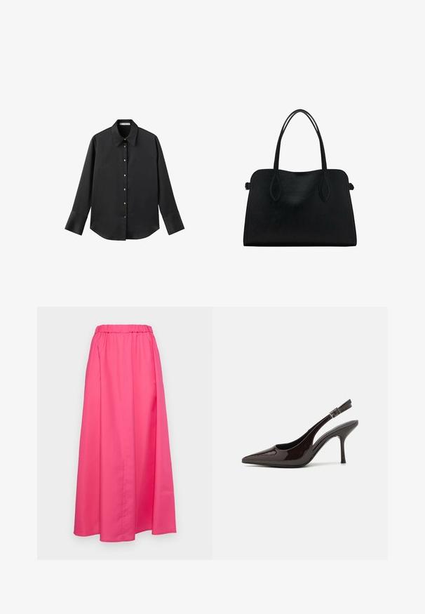 Crna košulja dugih rukava od glatkog materijala, s klasičnim ovratnikom, prednjim kopčanjem na dugmad u boji zlatne i širokim manžetnama.; MAX&Co. MATRIGNA - Velika suknja - azaleerot; Sandalice na visokom potpetici od sjajnog tamnosmeđeg lakiranog kože, s oštrim vrhom, otvorenim stranama i podesivom naramenicom.; Crna kožna torba s dvostrukim naramenicama, pravokutnog oblika i minimalističkim dizajnom na bijeloj pozadini.