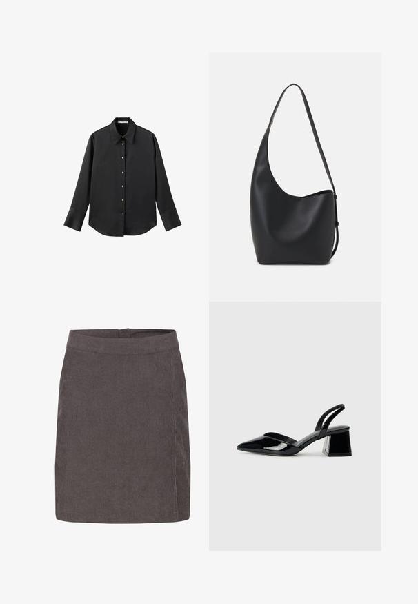 Black long-sleeve shirt in smooth fabric, featuring a classic collar, front button closure with gold-tone buttons, and wide cuffs.; Kaffe VERA - A-line skirt - major brown c; Black patent leather slingback heels with a pointed toe and a geometric block heel. Features a sleek, minimal design and smooth texture.; Black leather hobo bag with a smooth texture, curved shape, and single adjustable strap; features a wide opening at the top.