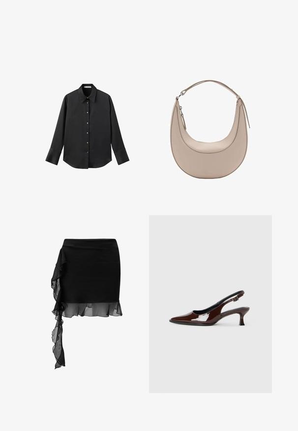 Sort langærmet skjorte i glat stof, med klassisk krave, frontlukning med guldtonede knapper og brede manchetter.; Sort nederdel med et tætsiddende design, der har et gennemsigtigt flæse-detalje, der asymmetrisk hænger fra taljen til kanten. Glat tekstur.; Brun patenteret læder slingback sko med spids tå og en moderat hæl. Har en spænde rem for en sikker pasform. Glat tekstur.; Beige læder skuldertaske med en halvmåneform, glat overflade og et enkelt buet håndtag. Har en lynlåslukning og pæne syninger.