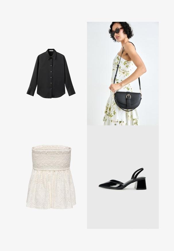 Crna košulja dugih rukava od glatkog materijala, s klasičnim ovratnikom, prednjim kopčanjem na dugmad u boji zlatne i širokim manžetnama.; Bešavna bijela bluzica s teksturiranim smocked korzetom i raširenim donjim dijelom s čipkastim uzorkom. Sadrži složene izrezane dizajne.; Crne lakirane kožne sandale s otvorenom petom i špicastim vrhom, s geometrijskom blok petom. Imaju elegantan, minimalistički dizajn i glatku teksturu.; Crna kožna torba s lukovitim oblikom, odvojivim remenom i zlatnim detaljima. Torba ima preklop s kopčom.