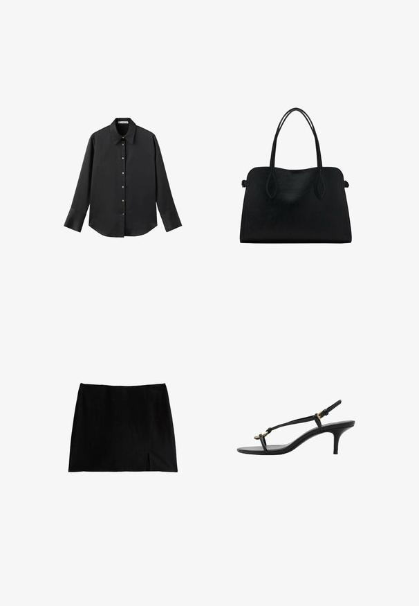 Zwarte lange mouwen shirt van gladde stof, met een klassieke kraag, een sluiting met knopen aan de voorkant met gouden knopen en brede manchetten.; Zwarte mini-jurk met een rechte snit, met een voorkleur. Gemaakt van een gladde stof met een matte afwerking. Eenvoudige en klassieke silhouet.; Zwarte leren kitten heel sandaal met dunne banden, gouden gesp en minimalistische teenlus op een witte achtergrond.; Zwarte leren handtas met dubbele schouderriemen, rechthoekige vorm en minimalistisch ontwerp op een witte achtergrond.