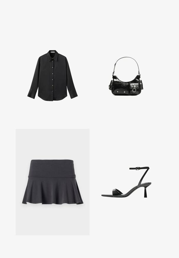 Maglietta nera a maniche lunghe in tessuto morbido, con colletto classico, chiusura frontale con bottoni dorati e polsini ampi.; Gonna grigia a campana realizzata in tessuto morbido con una vita aderente. L'orlo conferisce una leggera svasatura, migliorando il movimento e il comfort.; Bershka Sandali con tacco - black; Borsa a spalla in vernice nera con forma curvata, una tracolla, tasche frontali e dettagli in metallo argentato.