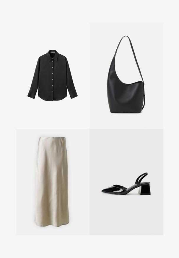 Črna majica z dolgimi rokavi iz gladkega materiala, z klasičnim ovratnikom, sprednjim zapiranjem na gumbe z zlatimi gumbi in širokimi manšetami.; Svilena maksi krila v svetlo bež barvi, ki se ponaša z gladko teksturo, čisto linijo in preprosto silhueto z rahlo razširjenim robom.; Črne lakirane slingback pete s koničastim nosom in geometrijsko blokasto peto. Imajo eleganten, minimalističen dizajn in gladko teksturo.; Črna usnjena hobo torba z gladko teksturo, ukrivljeno obliko in eno nastavljivo naramnico; ima širok odprtina na vrhu.