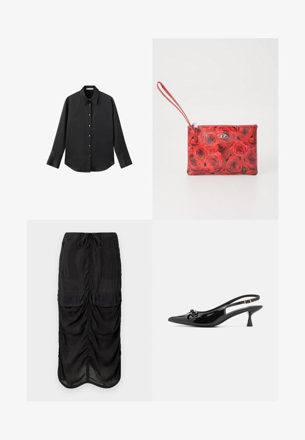 Črna majica z dolgimi rokavi iz gladkega materiala, z klasičnim ovratnikom, sprednjim zapiranjem na gumbe z zlatimi gumbi in širokimi manšetami.; Črna midi krila iz lahkega materiala. Ima gathered detajle, dve sprednji žepki in elastičen pas s vrvico za prilagajanje.; Črne lakaste slingback pete z ostro konico, ki imajo dekorativno mašnjo. Tanek srednji višinski čevelj s ukrivljenim dizajnom.; Rdeča cvetna torbica za zapestje z vzorcem vrtnic, zadrgo, srebrno kovinsko opremo in naramnico za enostavno nošenje.