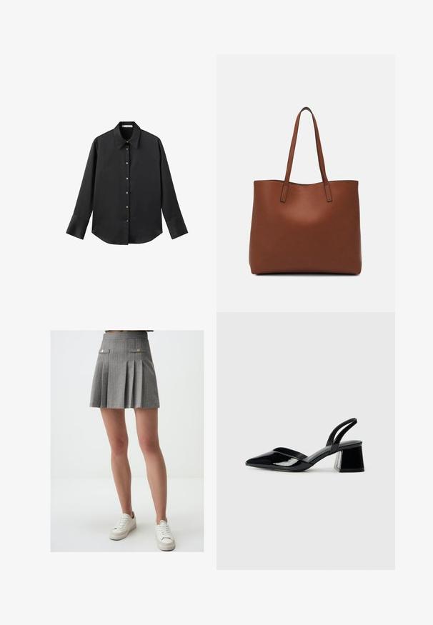 Schwarz langärmliges Hemd aus glattem Stoff, mit klassischem Kragen, frontaler Knopfleiste mit goldfarbenen Knöpfen und breiten Manschetten.; Grauer, gefalteter Minirock mit vertikalen Streifen, ausgestattet mit goldfarbenen Knöpfen und Seiten-taschen. Kombiniert mit weißen Sneakers.; Schwarze Lackleder-Slingback-High Heels mit spitzem Schuh und einem geometrischen Blockabsatz. Verfügt über ein schlankes, minimalistisches Design und eine glatte Textur.; Braune Leder-Tote mit glatter Textur, offenem Oberteil und zwei Schulterriemen. Verfügt über minimale Nähte und keine sichtbaren Beschläge.