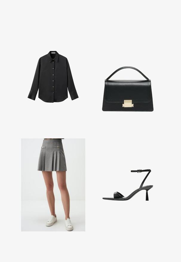 Czarna koszula z długim rękawem z gładkiego materiału, z klasycznym kołnierzykiem, zapięciem na guziki z przodu w złotym odcieniu oraz szerokimi mankietami.; Szara plisowana mini spódnica z pionowymi paskami, z złotymi guzikami i kieszeniami po bokach. Połączona z białymi trampkami.; Bershka - Sandały na obcasie; Czarna skórzana torebka o zorganizowanej konstrukcji, z górną rączką i złotym metalowym zapięciem z przodu. Gładka faktura, minimalne przeszycia.