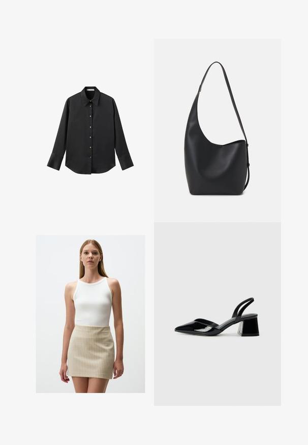 Zwarte lange mouwen shirt van gladde stof, met een klassieke kraag, een sluiting met knopen aan de voorkant met gouden knopen en brede manchetten.; Witte geribde tanktop gecombineerd met een beige minirok met lichte verticale strepen. Zachte texturen en een aansluitend ontwerp.; Zwarte gepatineerde leren slingback hakken met een spitse neus en een geometrische blokhak. Kenmerkt zich door een slank, minimalistisch ontwerp en een gladde textuur.; Zwarte leren hobo tas met een gladde textuur, kromme vorm en een enkele verstelbare schouderband; heeft een brede opening aan de bovenkant.