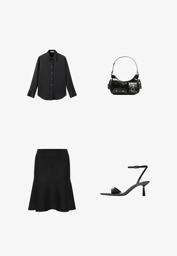 Black long-sleeve shirt in smooth fabric, featuring a classic collar, front button closure with gold-tone buttons, and wide cuffs.; Black knit flared skirt with a wide waistband. Features a smooth texture and gentle flare at the hem. No visible patterns or accents.; Bershka High heeled sandals - black; Black patent leather handbag with a curved shape, one shoulder strap, front pockets, and silver-tone hardware accents.