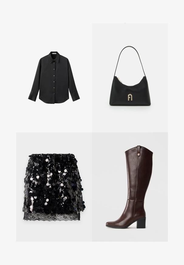 Schwarz langärmliges Hemd aus glattem Stoff, mit klassischem Kragen, frontaler Knopfleiste mit goldfarbenen Knöpfen und breiten Manschetten.; Schwarzer Minirock mit großen glänzenden Pailletten, die über einem zarten schwarzen Spitzeabschluss am Saum geschichtet sind, flach auf weißem Hintergrund drapiert.; Braune Lederstiefel bis zum Knie mit Blockabsatz, glatter Textur, runder Zehenform und dekorativen Hardware in goldfarbener Ausführung am oberen Rand.; Schwarze Handtasche aus glattem Material, mit geschwungener Form, einem einzigen Tragegurt und einem goldfarbenen Logoakzent auf der Vorderseite.
