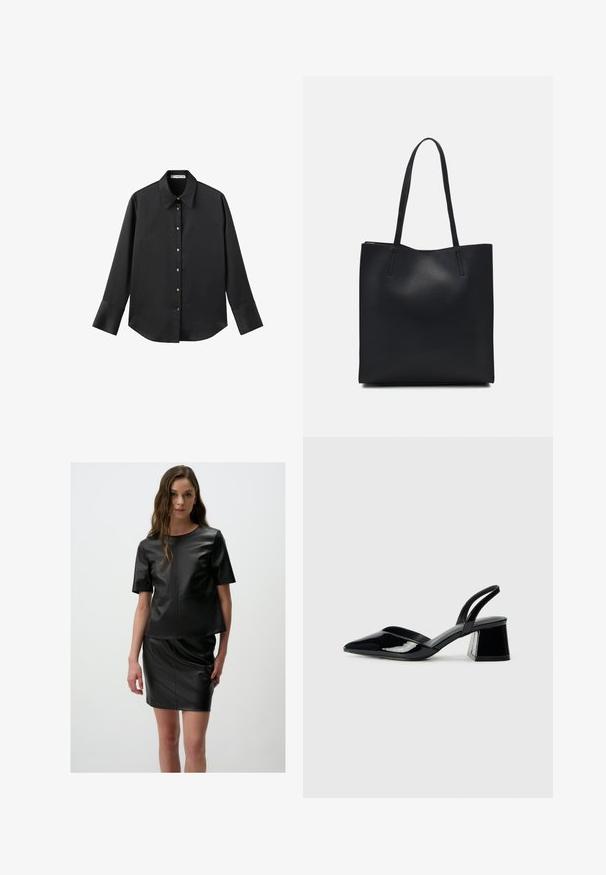 Chemise noire à manches longues en tissu lisse, dotée d'un col classique, d'une fermeture à boutons sur le devant avec des boutons dorés, et de larges poignets.; Ensemble en simili cuir noir comprenant un haut à manches courtes et une jupe ajustée. Texture lisse avec coutures visibles et design minimaliste.; Escarpins en cuir verni noir avec bout pointu et talon bloc géométrique. Présente un design élégant et minimaliste ainsi qu'une texture lisse.; Sac fourre-tout en cuir noir avec une texture lisse, de forme rectangulaire et deux longues poignées. Pas de matériel ou d'ornementations visibles.