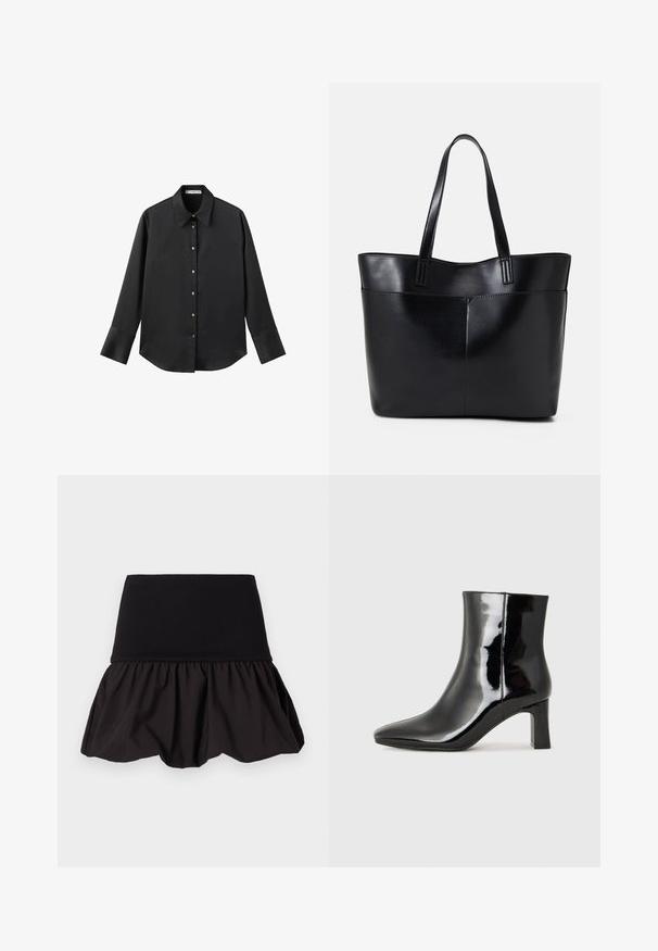 Čierna dlhá rukávová košeľa z hladkého materiálu, s klasickým golierom, predným zapínaním na gombíky so zlatými gombíkmi a širokými manžetami.; Čierna rozšírená sukňa s rebrovaným pásom a nariasenou textúrou na okraji, vyrobená z ľahkej tkaniny pre pohodlie a pohyb.; Čierne lakované členkové topánky s špicatou špičkou a stredne vysokým blokovým podpätkom. Hladká textúra a minimalistický dizajn.; Čierna kožená tote taška s dvoma dlhými rúčkami, hladkým povrchom a štruktúrovaným tvarom. Obsahuje prednú kapsu pre dodatočné uskladnenie.