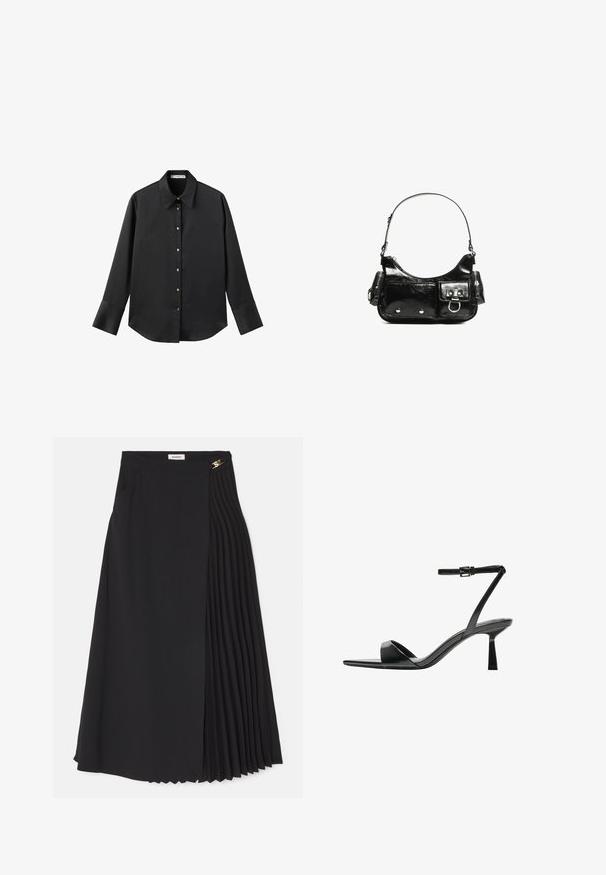 Zwarte lange mouwen shirt van gladde stof, met een klassieke kraag, een sluiting met knopen aan de voorkant met gouden knopen en brede manchetten.; Zwarte midi-rok met een geplooid ontwerp aan één kant, gemaakt van lichtgewicht stof met een verborgen ritssluiting en zijzakken.; Bershka Sandalen met hoge hak - black; Zwarte laarzen in lakleer met een gebogen vorm, één schouderband, voorvakken en accenten in zilverkleurig metaal.