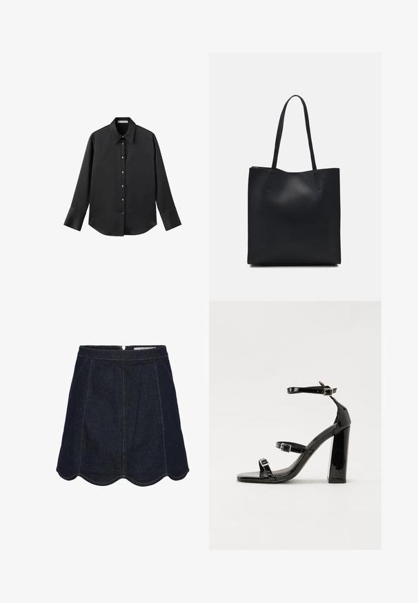 Črna majica z dolgimi rokavi iz gladkega materiala, z klasičnim ovratnikom, sprednjim zapiranjem na gumbe z zlatimi gumbi in širokimi manšetami.; Temno modra jeans krila s valovitim robom, ki ima šest panelov in kontrastno rumeno šivanje. Zadrga se zapira na hrbtni strani.; Črne lakirane sandale s peto, kvadratnim prstom, trakovi okrog gležnja in srebrnimi zaponkami. Opremljene so s stabilno Debelo peto.; Črna usnjena torba s svilnato teksturo, pravokotne oblike in dvema dolgima ročajema. Brez vidnih metalnih delov ali okrasnih elementov.