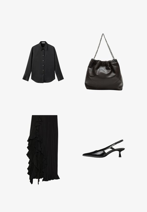 Černá dlouhá rukávová košile z hladkého materiálu, s klasickým límečkem, předním zapínáním na knoflíky ve zlatém tónu a širokými manžetami.; Černá sukně vyrobená z měkké tkaniny s volánovým detailem na levé straně a volánovým lemem na spodní části, což vytváří splývavý siluetu.; Černé lakované lodičky na podpatku se špičatou špičkou, výřezovým designem na boku a malým čtvercovým podpatkem. Hladká textura s minimálními akcenty.; Hnědá kožená taška se sbíraným vrškem a řetízkovým popruhem. Hladký povrch s lesklým finišem a jemným švem na bocích.