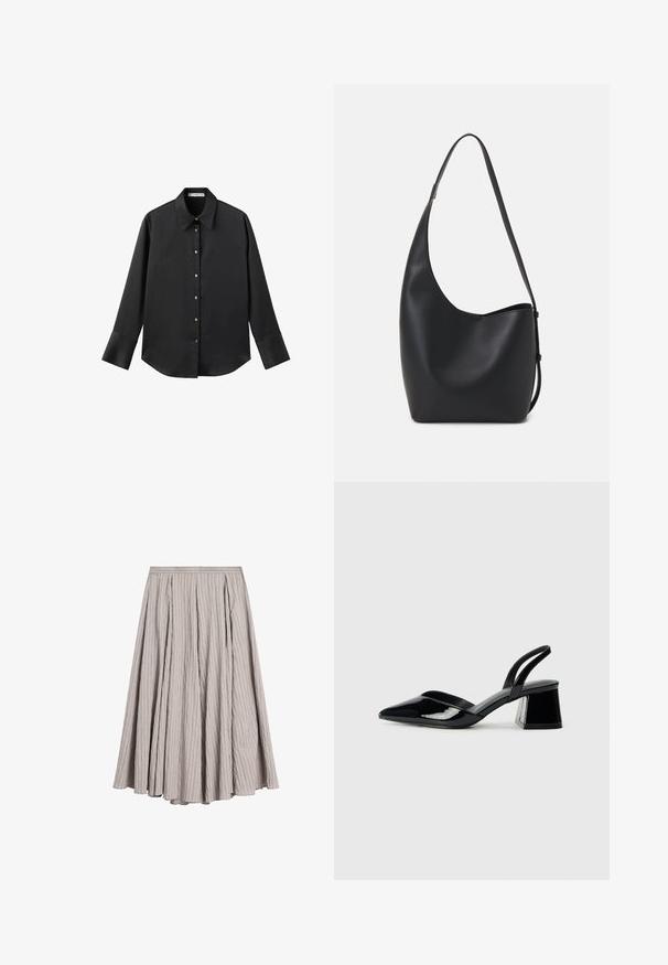 Zwarte lange mouwen shirt van gladde stof, met een klassieke kraag, een sluiting met knopen aan de voorkant met gouden knopen en brede manchetten.; Lichtgrijze midi-jurk van textuurstof met verticale plooien, voorzien van een aansluitende tailleband en een vloeiende A-lijn vorm.; Zwarte gepatineerde leren slingback hakken met een spitse neus en een geometrische blokhak. Kenmerkt zich door een slank, minimalistisch ontwerp en een gladde textuur.; Zwarte leren hobo tas met een gladde textuur, kromme vorm en een enkele verstelbare schouderband; heeft een brede opening aan de bovenkant.