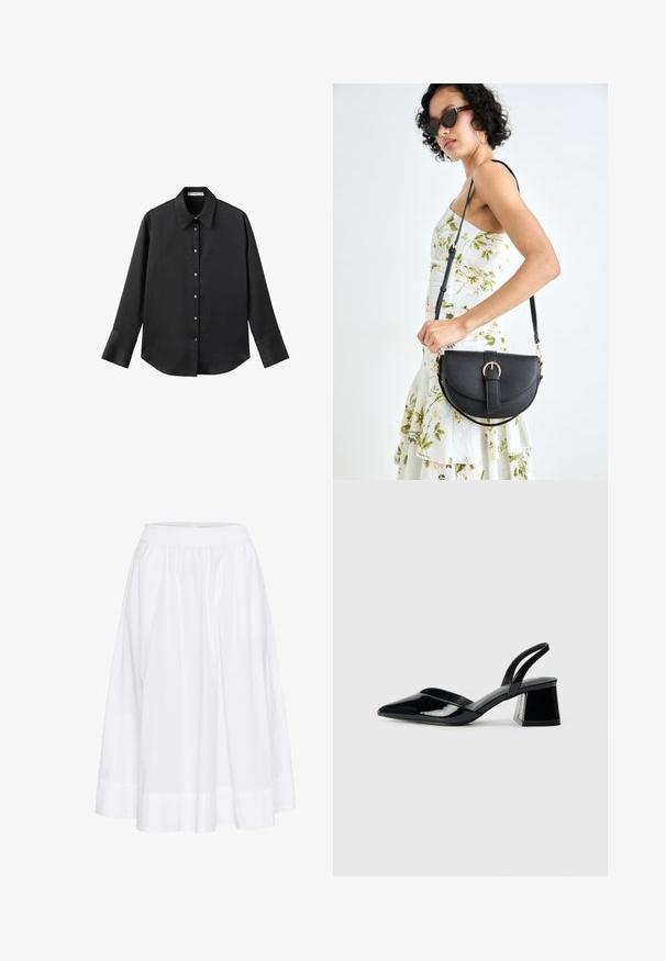 Sort langærmet skjorte i glat stof, med klassisk krave, frontlukning med guldtonede knapper og brede manchetter.; Hvid, knælang nederdel lavet af letvægtsstof, med elastisk talje og flydende design med subtil struktur.; Sorte patentlæder slingback hæle med spids tå og en geometrisk blok hæl. Har et elegant, minimalistisk design og en glat tekstur.; Sort læderhåndtaske med en buet form, aftagelig rem og guldfinish. Tasken har en klap med en spænde detalje.