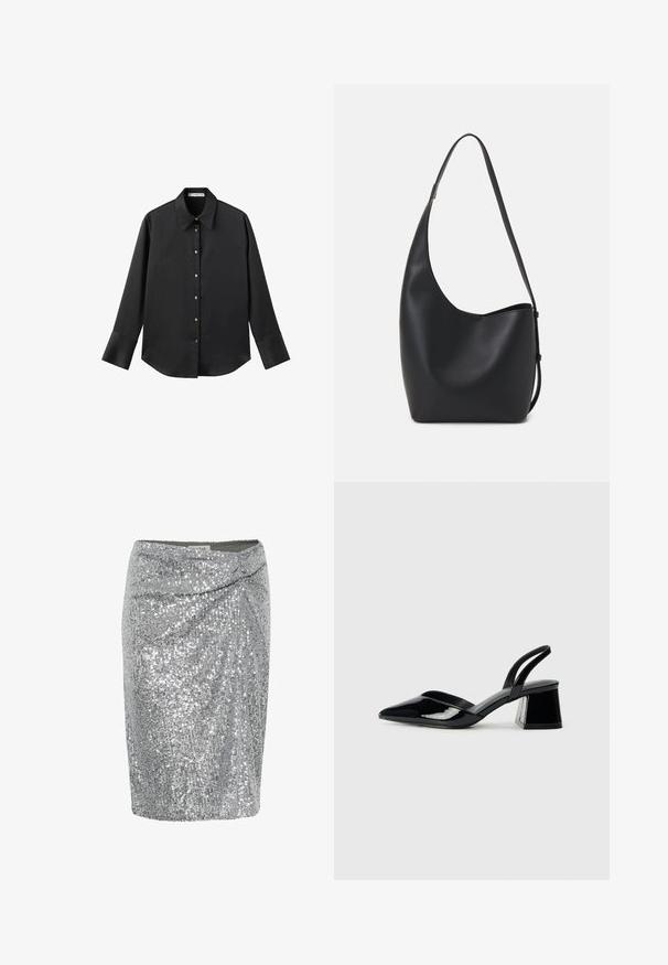 Maglietta nera a maniche lunghe in tessuto morbido, con colletto classico, chiusura frontale con bottoni dorati e polsini ampi.; Minigonna argentata con paillettes e design avvolgente, caratterizzata da una texture liscia e una silhouette aderente. Decorata con paillettes scintillanti.; Décolleté in vernice nera con punta affusolata e tacco in geometria cubica. Presentano un design elegante e minimalista, con una texture liscia.; Borsa hobo nera in pelle con una superficie liscia, forma curvata e una singola tracolla regolabile; presenta un'ampia apertura nella parte superiore.