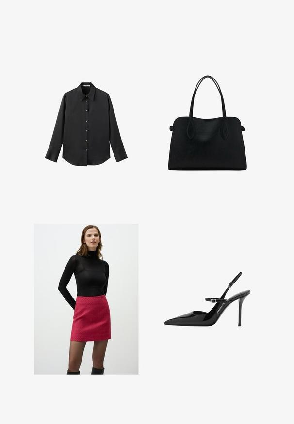 Schwarz langärmliges Hemd aus glattem Stoff, mit klassischem Kragen, frontaler Knopfleiste mit goldfarbenen Knöpfen und breiten Manschetten.; Schwarzes langärmliges Rollkragenoberteil kombiniert mit einem strukturierten rosa Minirock, getragen mit schwarzen kniehohen Stiefeln, vor einem schlichten weißen Hintergrund.; Schwarze Lackleder Slingback-High Heels mit spitzem Zeh, verstellbarem Riemen und Stiletto-Absatz. Glatte Oberfläche mit glänzendem Finish.; Schwarze Lederhandtasche mit zwei Schulterriemen, rechteckiger Form und minimalistischem Design auf weißem Hintergrund.