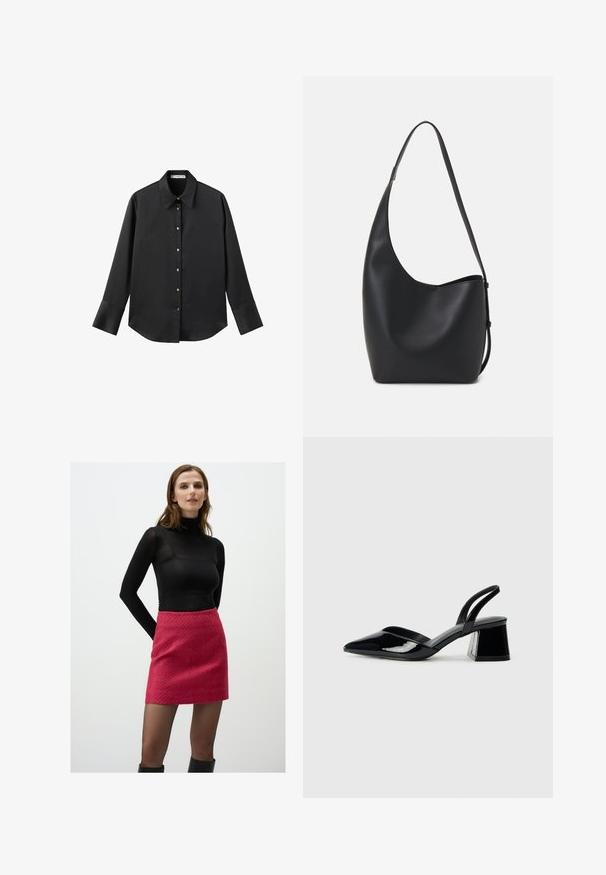 Schwarz langärmliges Hemd aus glattem Stoff, mit klassischem Kragen, frontaler Knopfleiste mit goldfarbenen Knöpfen und breiten Manschetten.; Schwarzes langärmliges Rollkragenoberteil kombiniert mit einem strukturierten rosa Minirock, getragen mit schwarzen kniehohen Stiefeln, vor einem schlichten weißen Hintergrund.; Schwarze Lackleder-Slingback-High Heels mit spitzem Schuh und einem geometrischen Blockabsatz. Verfügt über ein schlankes, minimalistisches Design und eine glatte Textur.; Schwarze Leder-Hobo-Tasche mit einer glatten Textur, geschwungener Form und einem einzelnen verstellbaren Tragegurt; verfügt über eine weite Öffnung am oberen Ende.